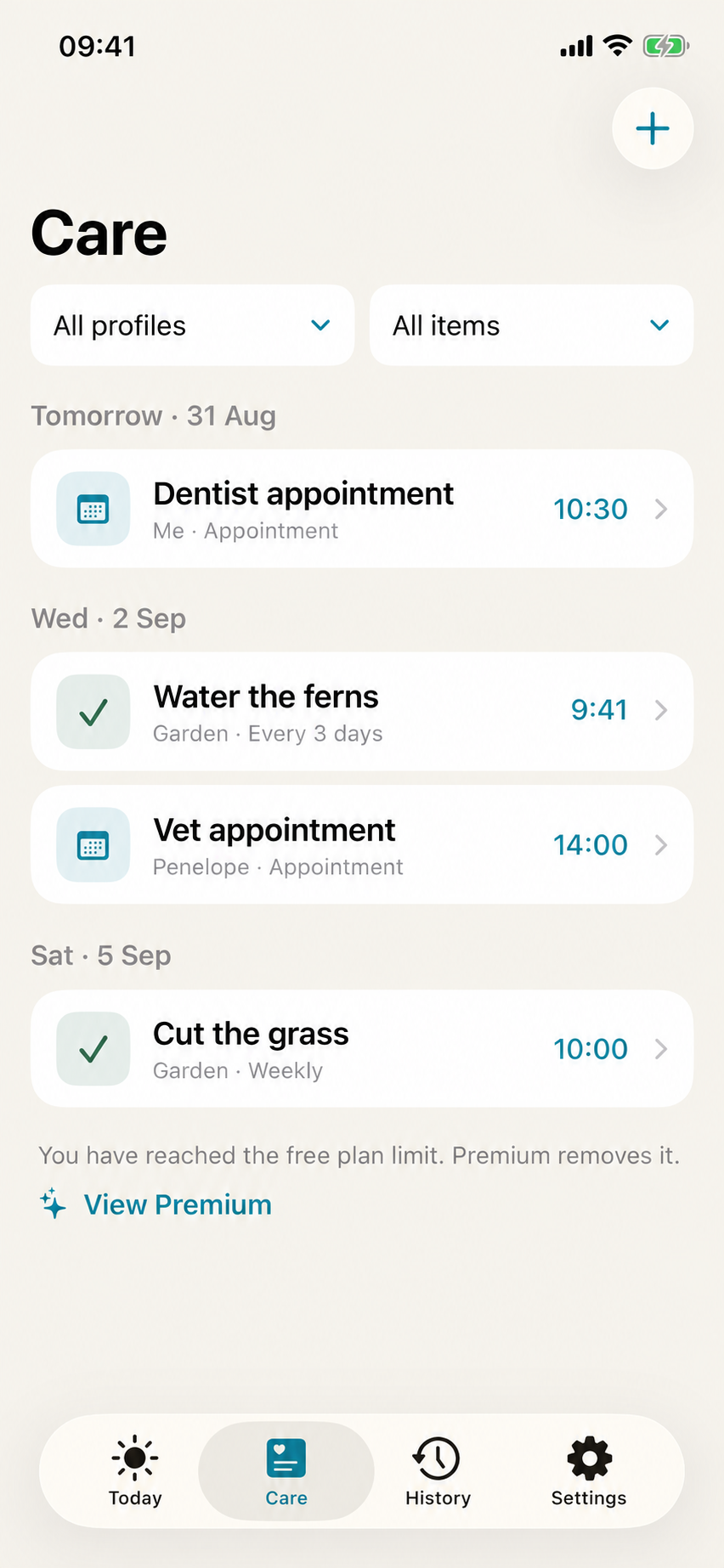 Illustrative TendMark Care with All profiles and All items selected: dentist appointment, watering the ferns, vet appointment and cutting the grass, in date and time order.
