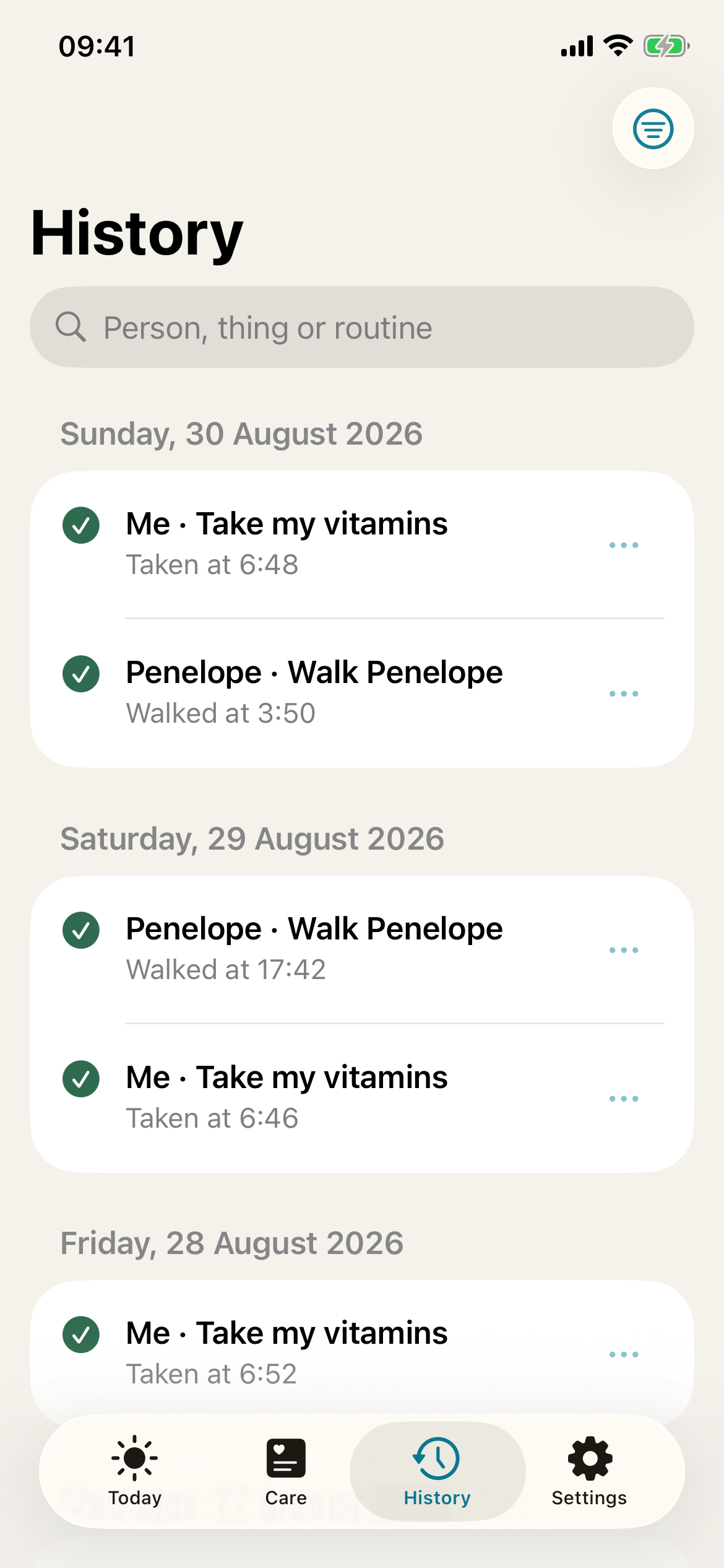 TendMark History: recorded vitamin and dog-walking outcomes grouped by date, with search and filtering controls.