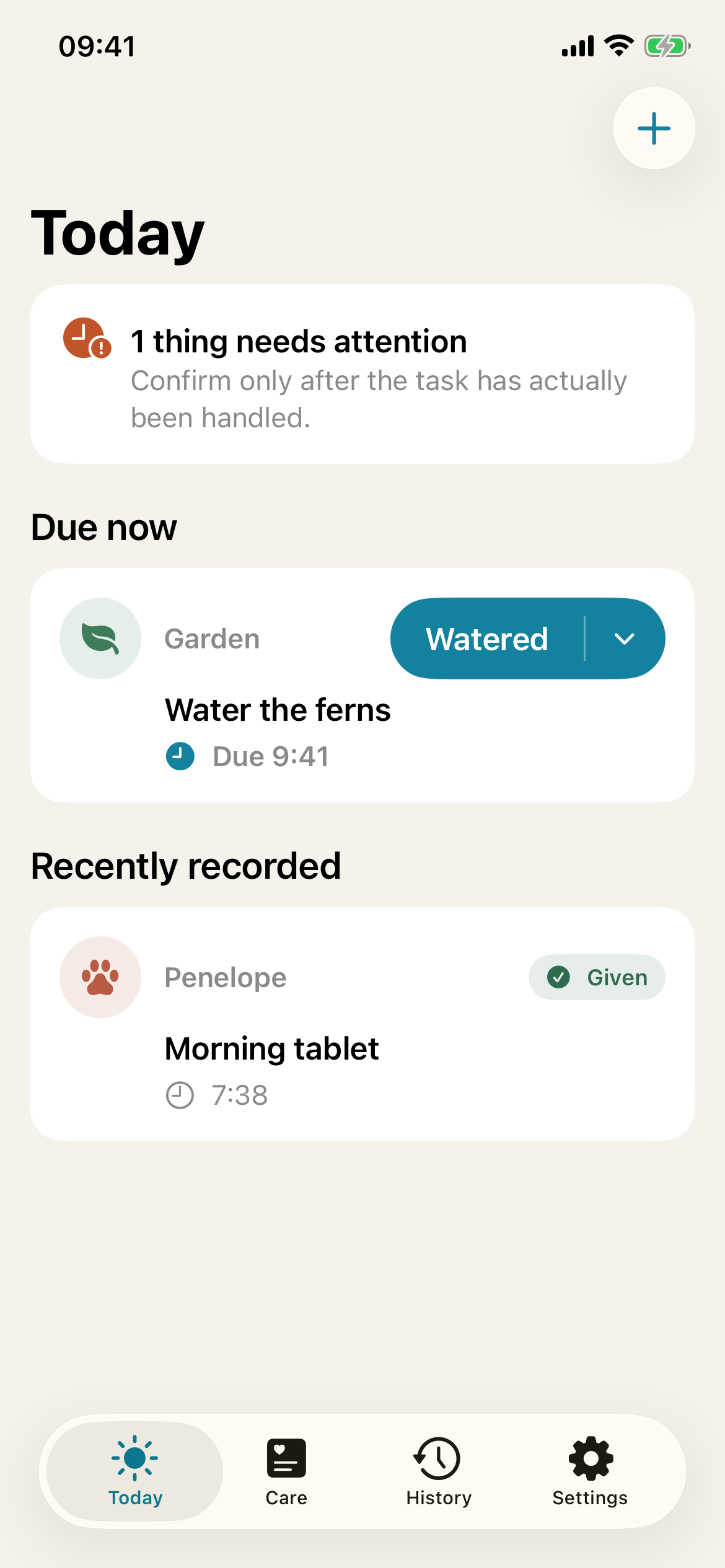 TendMark Today: watering the ferns is due, and Penelope’s morning tablet is recorded as given.